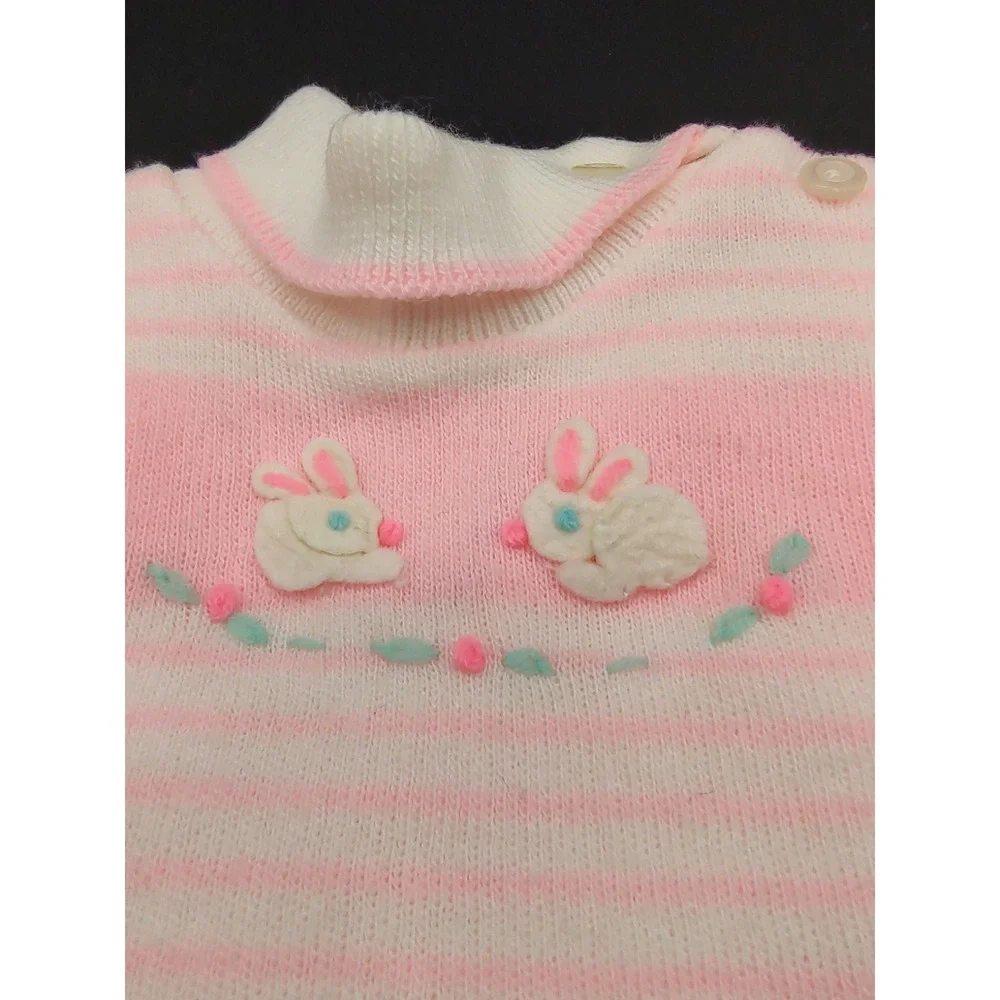 Vintage Novelty Knit Pink White Striped Bunny‎ Applique Sweater Bloomer Set 0-3M